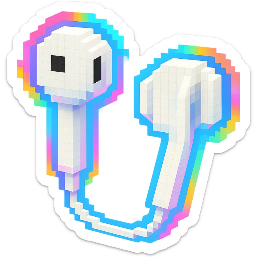 white EarPods headphones with a playful twist, floating in mid-air, with a futuristic holographic effect sticker