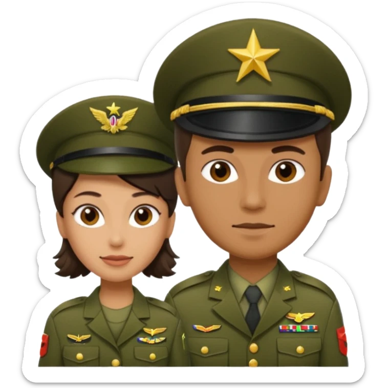 one emoji (female) wearing Army combat uniform and a second emoji (male) wearing the army green service uniform sticker