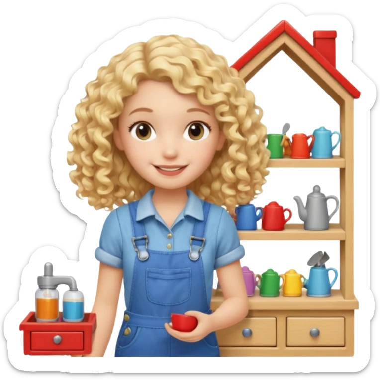 smiling blonde curly girl arranging furniture in doll house with overalls sticker