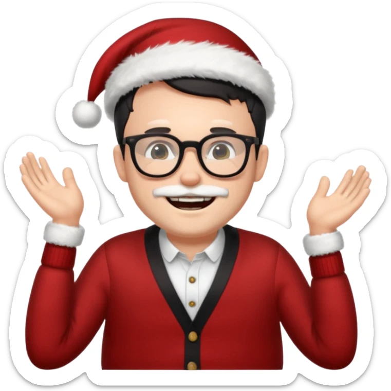 white man wearing glasses, black short hair dressed as hipster Santa in a cardigan, cute smile with teeth sticker