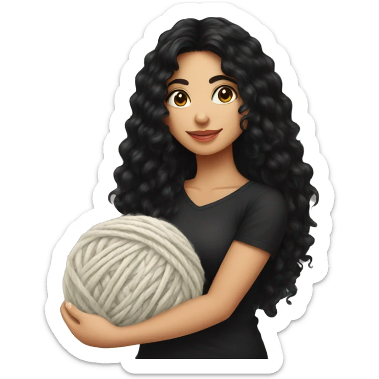 pretty Hispanic woman with long black curly hair holding one ball of yarn wearing a black shirt sticker