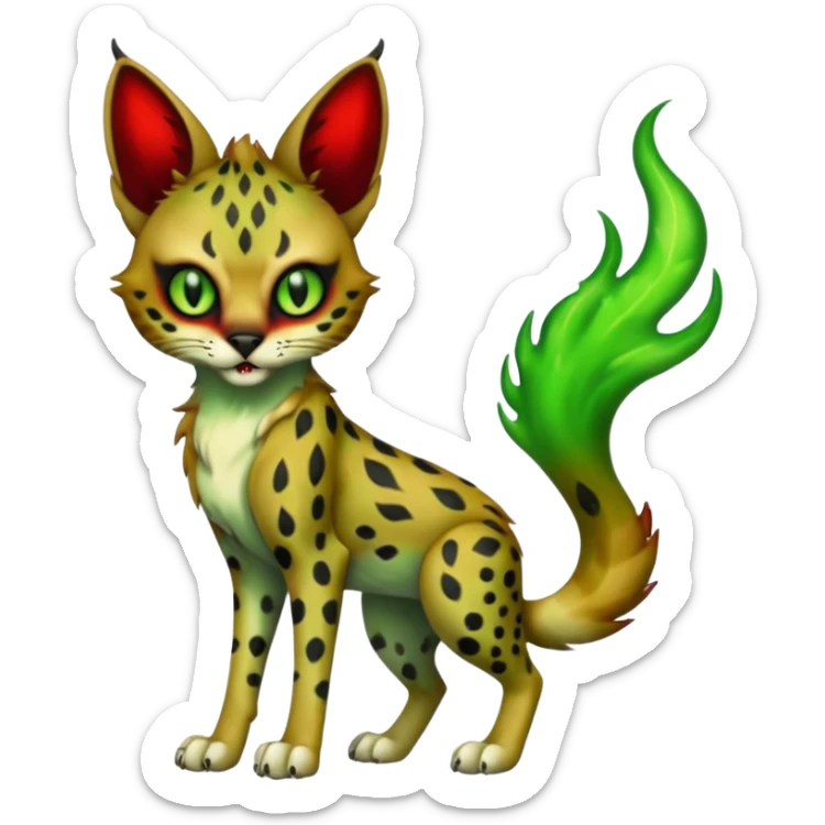Dark-deep-blackish-Greenish Zombie-serval, full body, with green spectral haunted flames, big white claws, slit pupils, big red eyes,  sticker