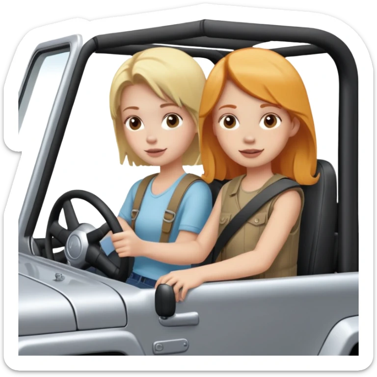 Blonde girl sitting in passenger seat of silver jeep with ginger girl driving  sticker