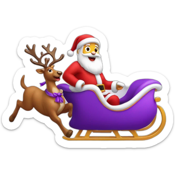 Santa Claus dressed in purple running with his sleigh and reindeer to deliver presents sticker