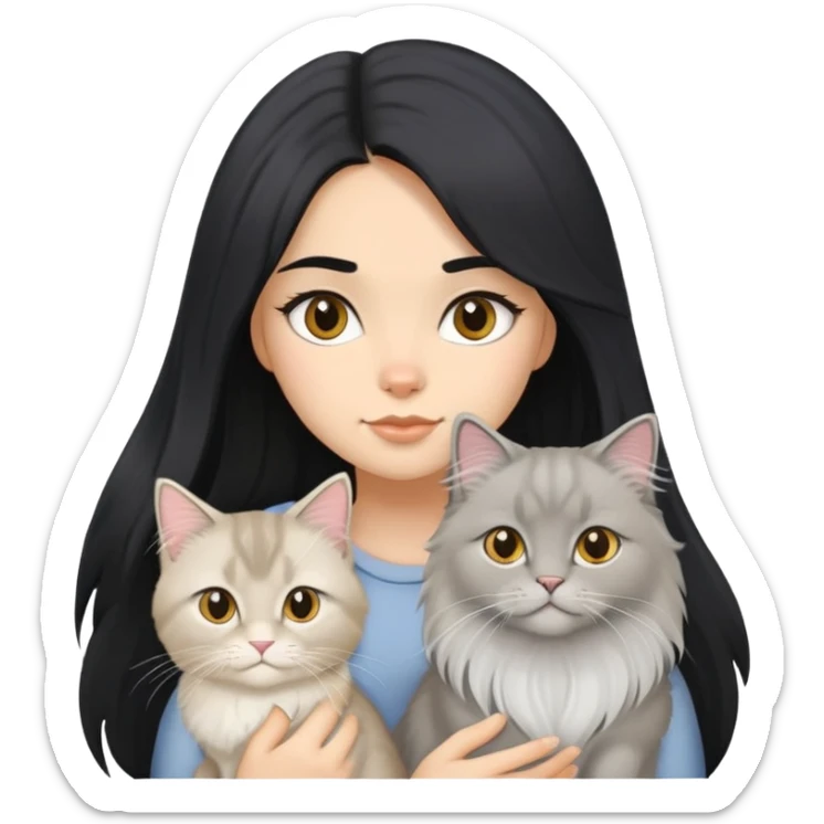 black hair girl with a grey longhair cat and a british longhair golden, two white british longhair  sticker