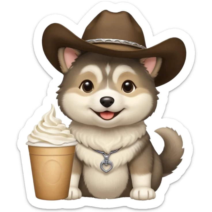 Agouti (more black and cream, some tan) Malamute puppy wearing cowboy hat and smiling with cup of whipped cream sticker