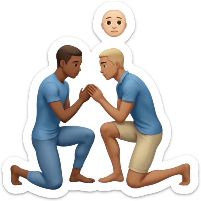one guy standing up and the other guy is on both of his knees in front of said guy standing up who is loookg down at him and guy on knees is looking up at him sticker