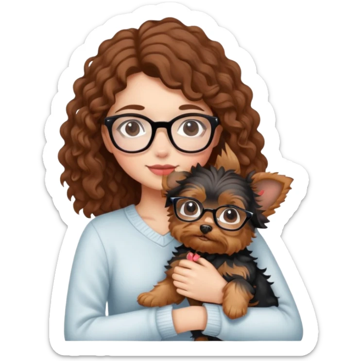 Girl with brown curly hair wearing glasses cuddling with a cute yorkie sticker