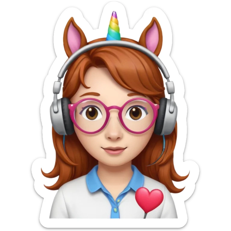 headphone wearing unicorn with dark ginger hair and heart shaped spectacles sticker
