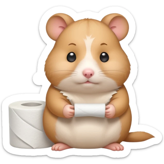 Cute chubby cartoon-style hamster holding toilet paper sitting on toilet looking as if he had an accident, sticker-style illustration sticker