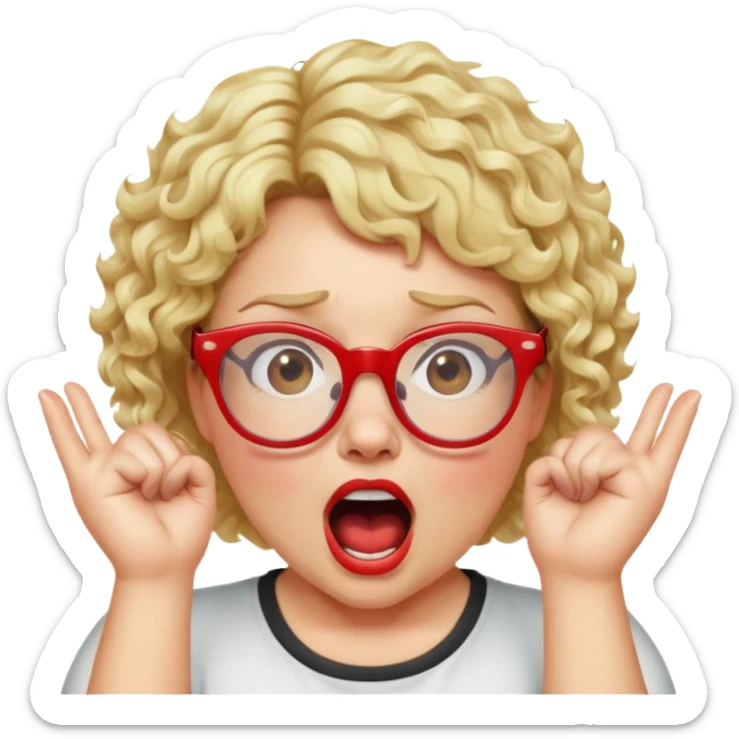 Blonde woman with short curly hair, slightly overweight, wearing glasses with red frames, shouting with hands on each side of her mouth sticker
