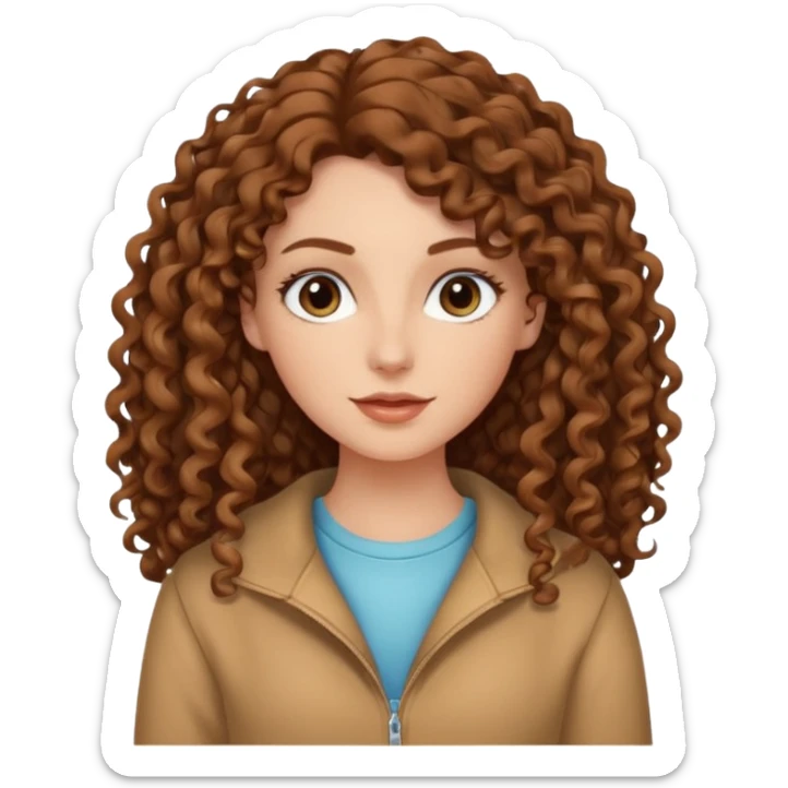 White girl with brown long 3A curly hair, brown almond shape eyes, refined wide nose, natural lips. Cute clothnig sticker