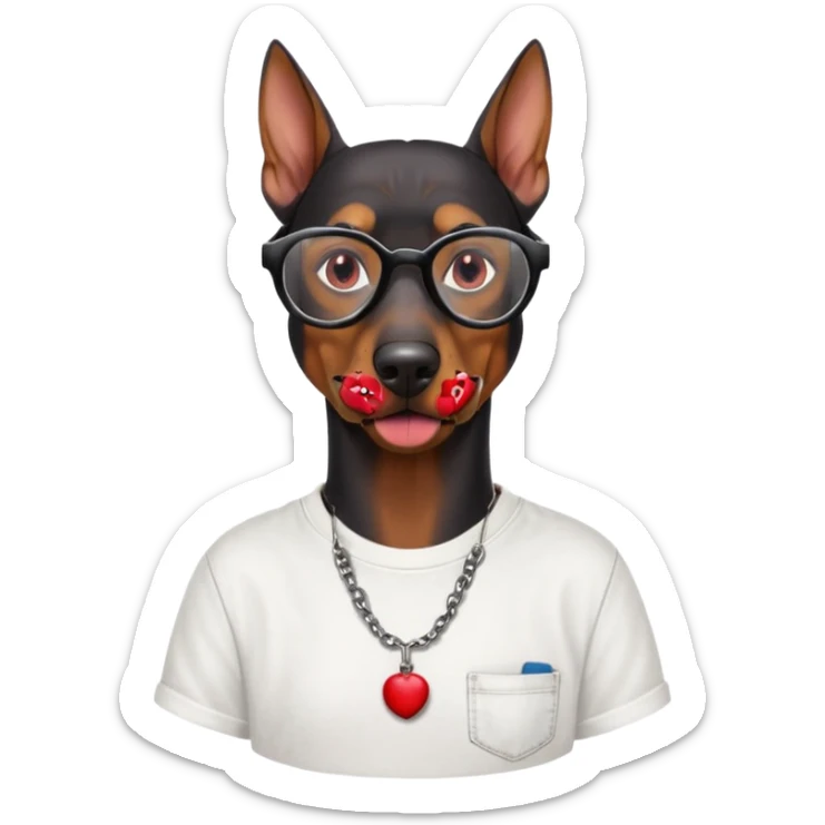 Generate a emoji of a big evil doberman dog with red eyes and a tongue sticking out, give the doberman a human body with a white shirt and baggy jeans, make the doberman have ear piercings and a septum ring, make the dog have black circular glasses with a red tint sticker