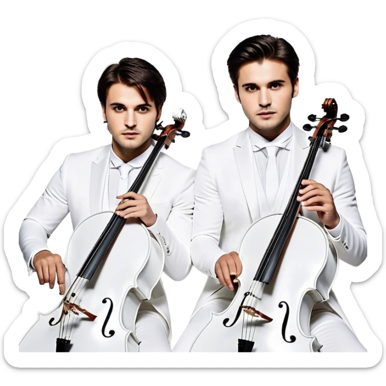 detailed portrait of 2cellos, focusing on their upper half. both musicians are wearing elegant white outfits, holding their cellos with a confident and dynamic posture. their expressions are intense and passionate, with soft lighting highlighting the sleek and modern aesthetic. the background is minimal and bright, enhancing the elegant and sophisticated vibe sticker
