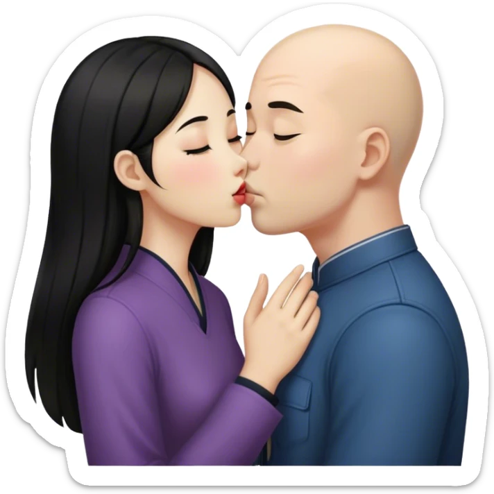 Long dark hair Chinese girl kissing bald white boy  sticker
