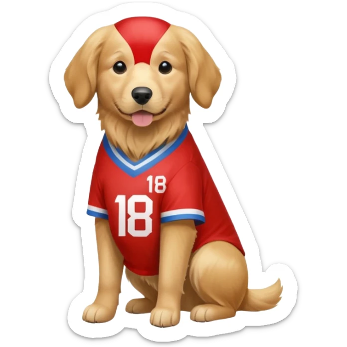 a golden retriever with a red and white jersey that has the number 18 on it with no blue  sticker