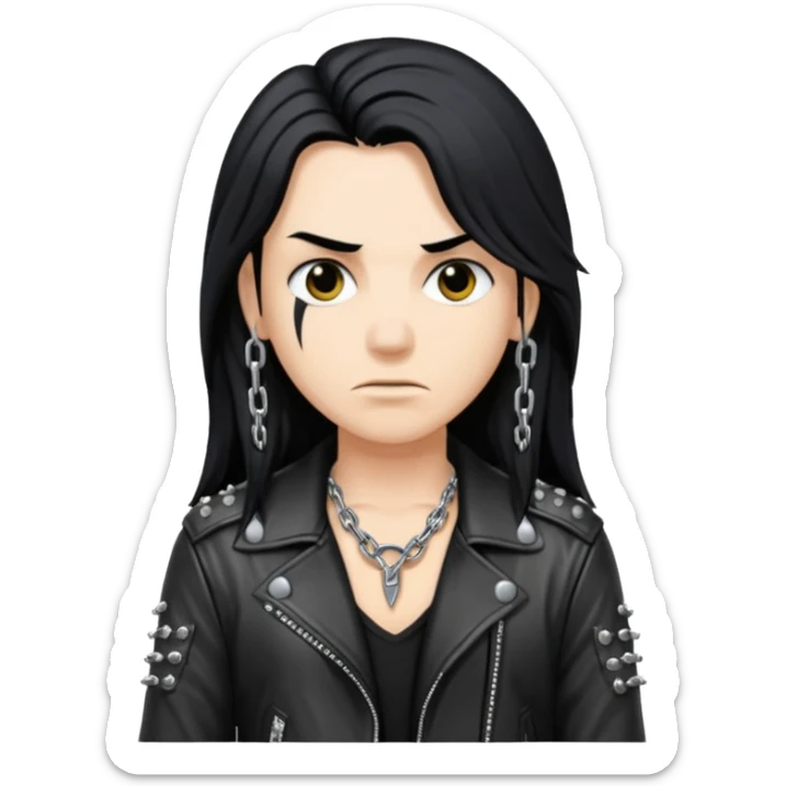 A fan of heavy extreme music, a metalhead with long black hair, rivets in chains on a leather jacket sticker