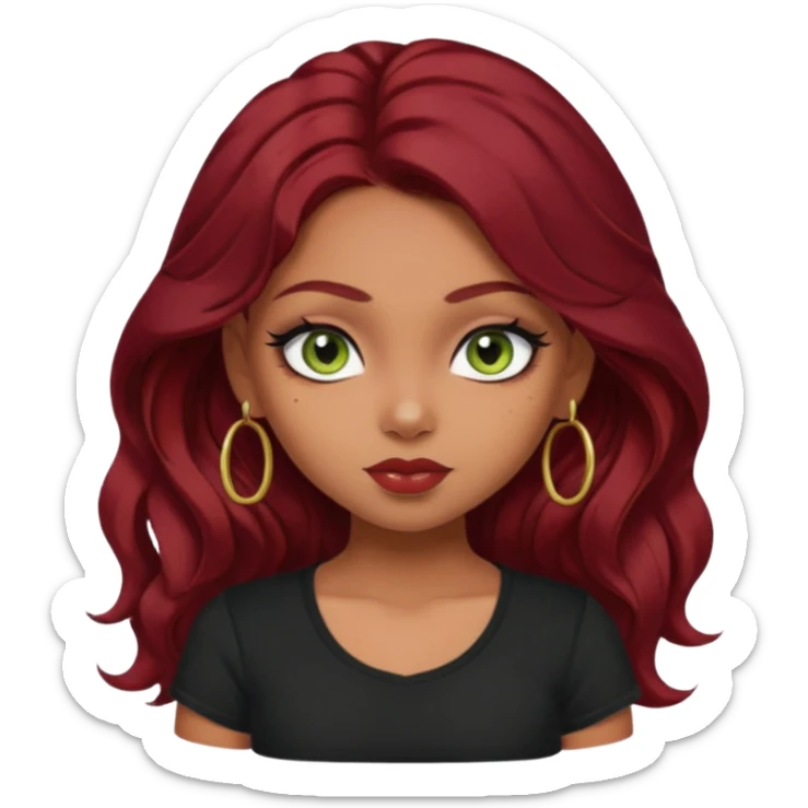 a pretty FAIR indian bratz girl with wavy dark red hair, wearing a black tee. eyeliner on, olive green eyes.  sticker