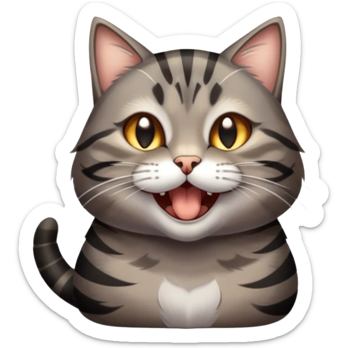 Cinematic Cute Yawning Grey and Black Brown Tabby Cat Portrait Emoji, Head tilted slightly with a dramatic, wide-open yawn, sleek grey-brown fur with dark black tabby stripes, sparkling amber eyes barely open, Simplified yet irresistibly adorable features, highly detailed, glowing with a soft, cozy glow, high shine, relaxed yet expressive, stylized with a touch of whimsy, bright and endearing, soft glowing outline, capturing the essence of a sleepy yet affectionate kitty, so drowsy it feels like it could stretch right out of the screen and curl up for a nap! sticker