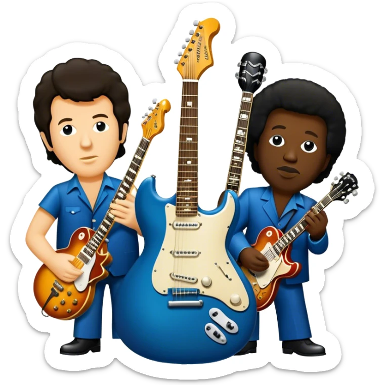 Icon for Blues Music: collage of legendary blues artists. Gary Moore, Eric Clapton, B.B. King and Joe Cocker. Represented by silhouettes or symbolic items like guitars, microphones, or music notes, reflecting the soulful energy of blues music. Transparent background. sticker