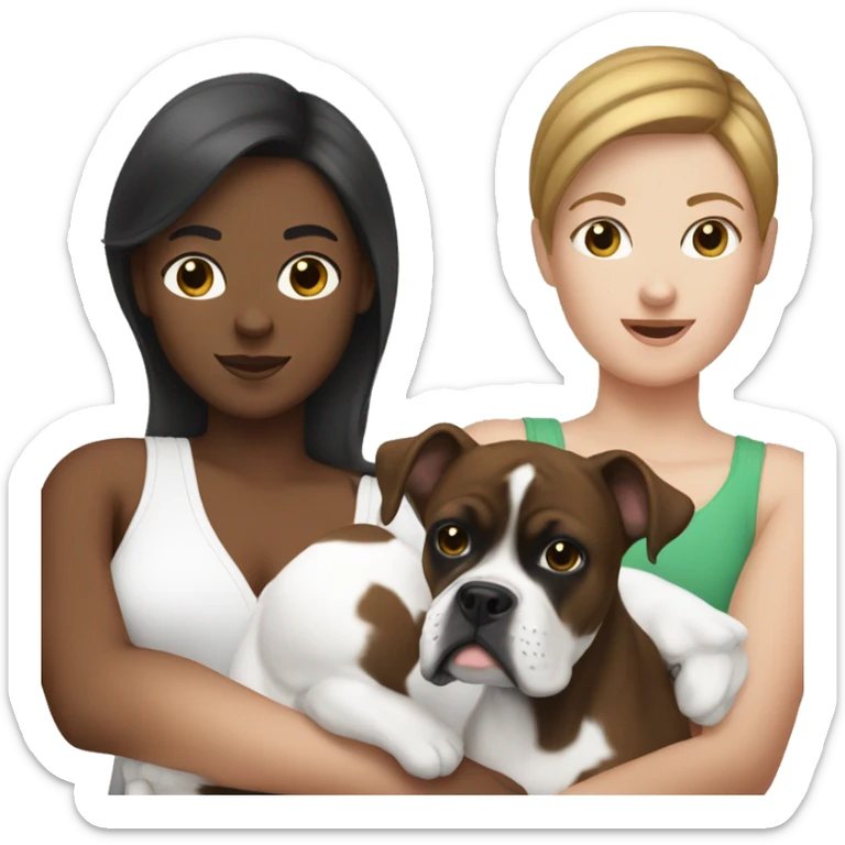 A white woman with brown hair holding her black and white boxer like a baby sticker