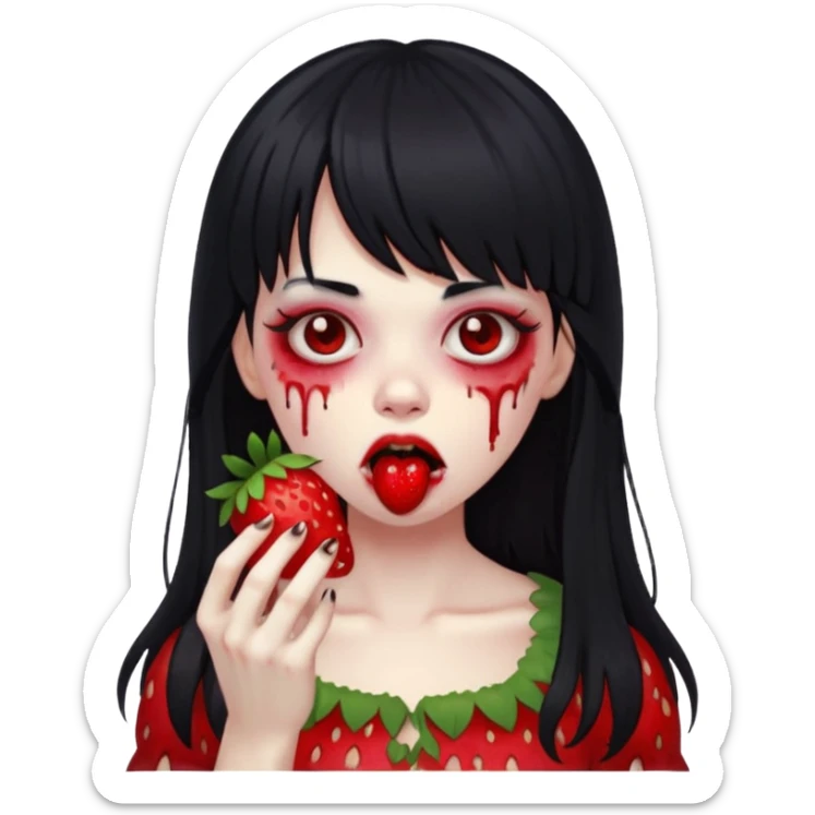 Girly girl, zombie, black hair, bang, cabelo longo e um comendo um morango sticker