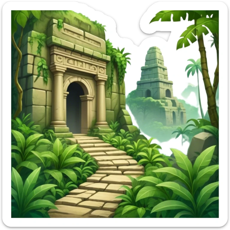 Icon for Adventure Movie: A vintage movie poster-style design with a jungle clearing path, dense foliage surrounding it. In the distance, ancient ruins peek through the trees. The atmosphere is mysterious and adventurous, with soft light cutting through the trees. Transparent background. sticker