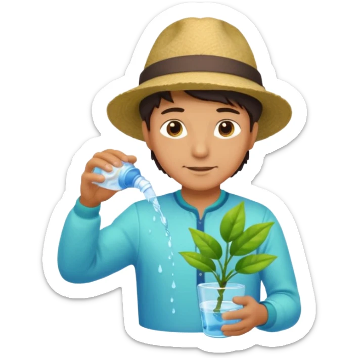 Realistic illustration of a man pouring water onto a green plant, standing outdoors in daylight, with a watering can in hand, gentle and caring expression, vibrant garden background, soft natural lighting, highly detailed, professional composition." sticker