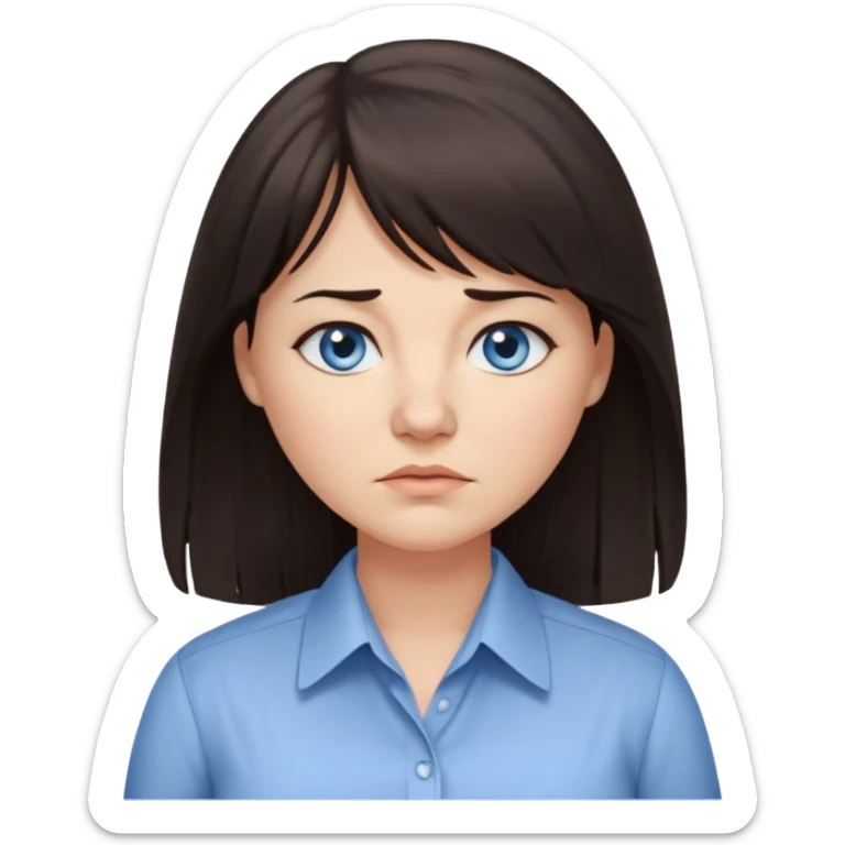40 yr old woman, blue eyes, long straight dark brown hair, business shirt, chubby, bangs, long hair, tired sticker