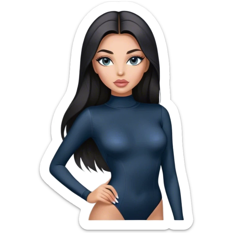 Glamours, tanned, very beautiful girl, with big pump peach-beige-rose lips, long long lashes, black straight smooth silky long hair, straight parting hair, blue-grey eyes in black long-sleeves bodysuit sticker