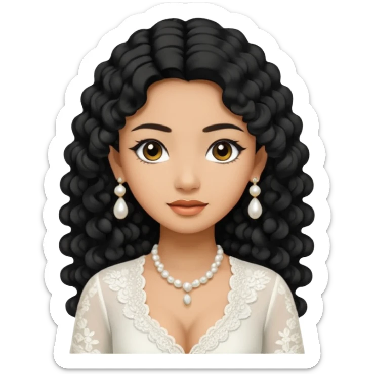 tan skin women, with black long Curly hair, wear white kebaya , and little pearl earring sticker