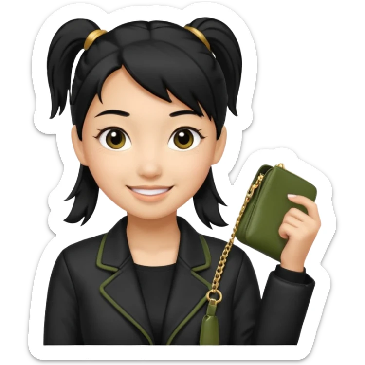A girl with a pony tail black hair and olive skin, Asian eyes, with a black jacket and a black purse  sticker