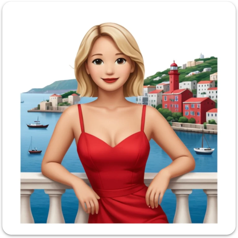jennifer lawrence, red dress leaning on a balcony with a harbor and cityscape in the background, smiling sticker