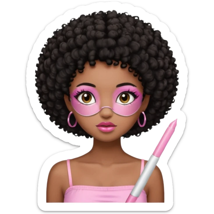 Dark brown skin girl with short black curly hair afro styled , she has pretty wispy cat eyelashes and is wearing a light pink tube top with lip gloss  sticker