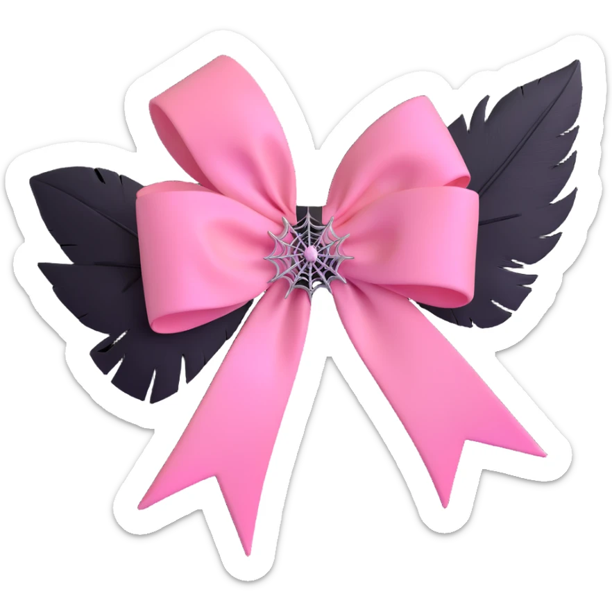 3D emoji style pink bow with gothic effect, pastel pink to black ombre, black feather accents, and silver spiderweb brooch sticker