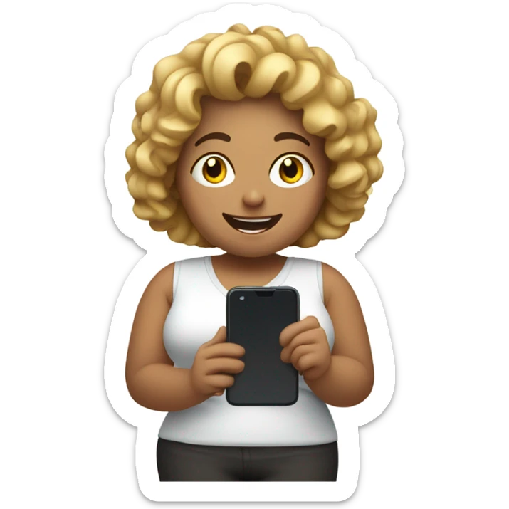overweight curl blondie woman happy with a smartphone in hands showing charts sticker