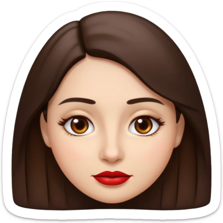 A woman emoji with fair skin, slightly wavy dark brown hair parted in the middle, an oval-shaped face, arched dark eyebrows, almond-shaped brown eyes, a small straight nose, and red lips. sticker