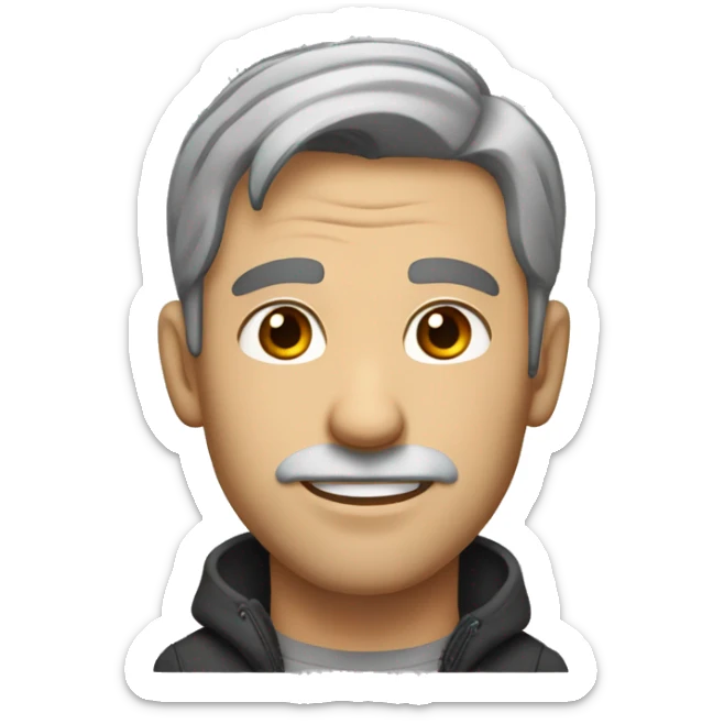 man with stubble, big nose and short brown and grey hair, hazel eyes , slightly smiling sticker