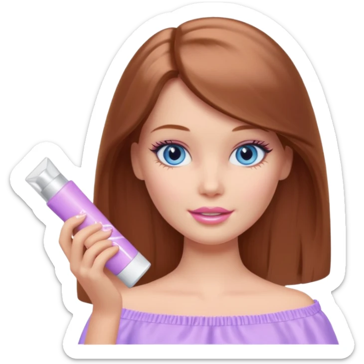 Barbie girl Chestnut Shoulder-length hair and blue eyes is In pale purple applying cream on face sticker