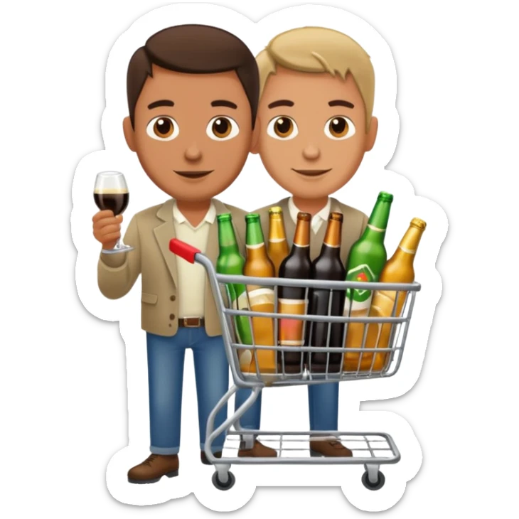 man with a shopping cart full of beers and wines sticker