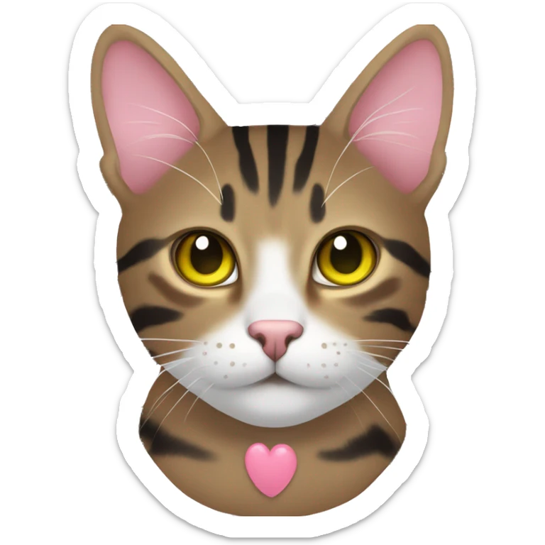 brown tabby cat with black stripes and yellow-green eyes and pink nose and white mouth sticker