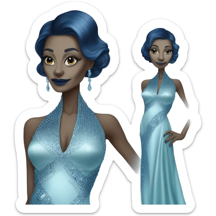 reptilian alien woman, in long slim pastel blue formal party satin dress with gradient shiny sparkling navy blue diamonds embroidered sticker