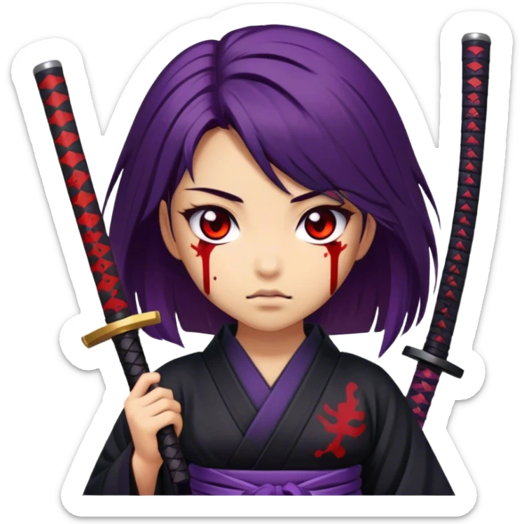 A samurai girl with deep purple hair, black kimono, holding a bloodstained katana sticker