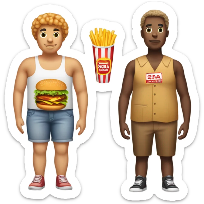 A person with a burger as the torso, potato wedges as the legs, a chicken nugget for the head and a soda and straws for the arm sticker
