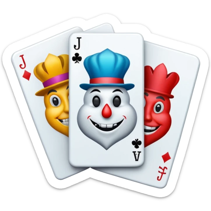 bunch of 3 poker cards, with crazy colorful jolly jokers inside, inversed face sticker
