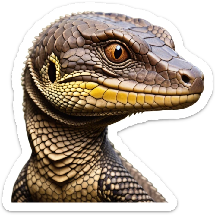 Cinematic Noble brown camo spotted monitor Lizard Portrait Emoji, Poised and regal, with a robust, scaled body exhibiting striking, mottled patterns and piercing, alert eyes, Simplified yet sharp and sophisticated features, highly detailed, glowing with a soft, earthy glow, high shine, intelligent and formidable, stylized with an air of ancient wilderness, focused and commanding, soft glowing outline, capturing the essence of a watchful and confident reptilian guardian that appears ready to stride out of the screen with effortless authority! sticker