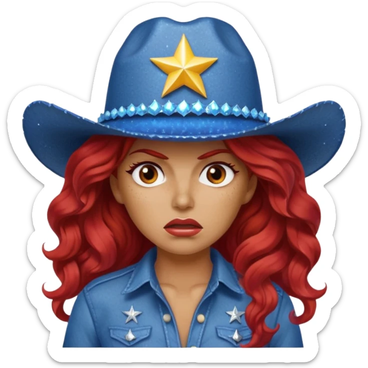 Angry woman with big red wavy hair wearing sparkly blue cowboy hat  sticker