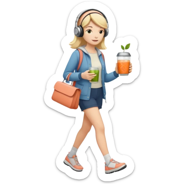 a young woman full length walks with headphones on with a salmon sandwich in one hand and herbal tea in the other hand sticker