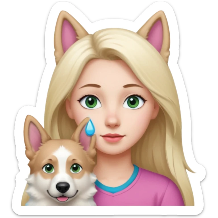 White European young woman with blue-green eyes and long blond hair with her white German Shepherd dog,the Dog hast a pink nose and short fur  and Brown eyes sticker