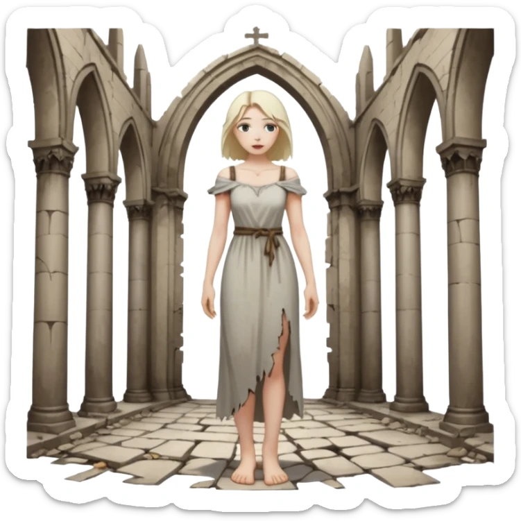 Female figure standing barefoot in ruined cathedral, dress slipping from shoulder sticker